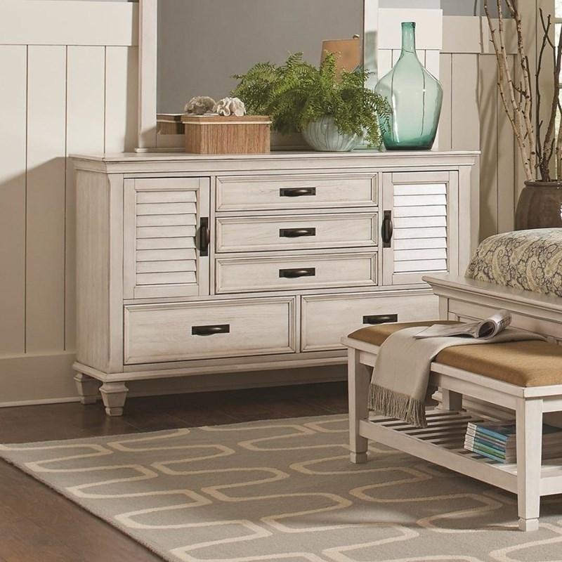 Coastal Distressed White Dresser with Louvered Doors and Bun Feet