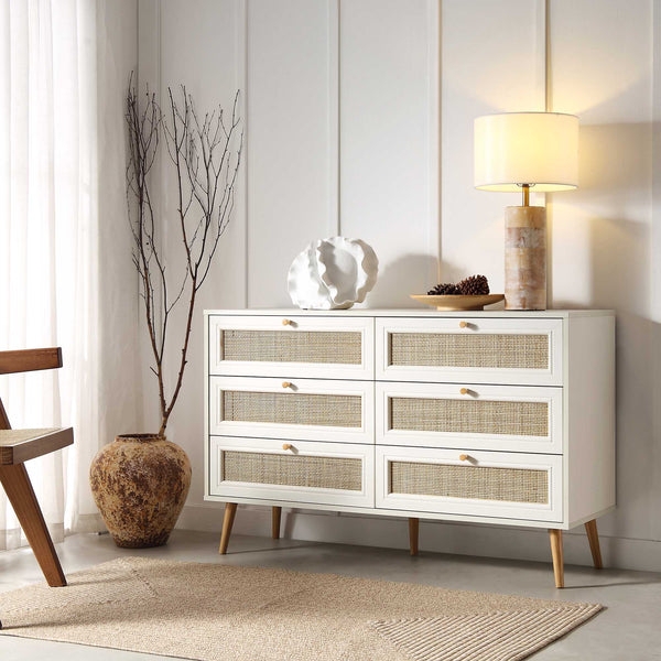 Coastal Double Dresser with Woven Rattan Panels and Tapered Legs