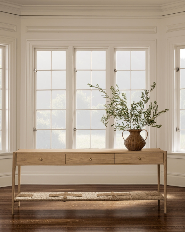 Coastal Entryway Console Table Woven Shelf Three Drawers