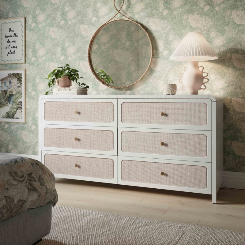 Coastal Modern Double Dresser with Rounded Woven Rattan Panels