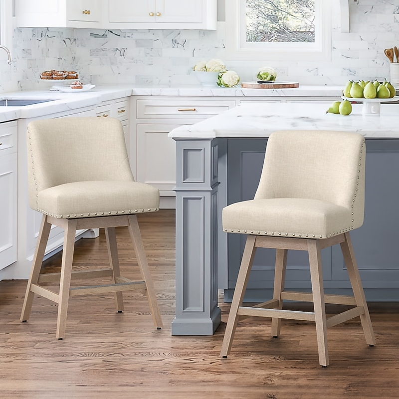 Coastal Swivel Bar Stools with Low Back and Nailhead Trim Details