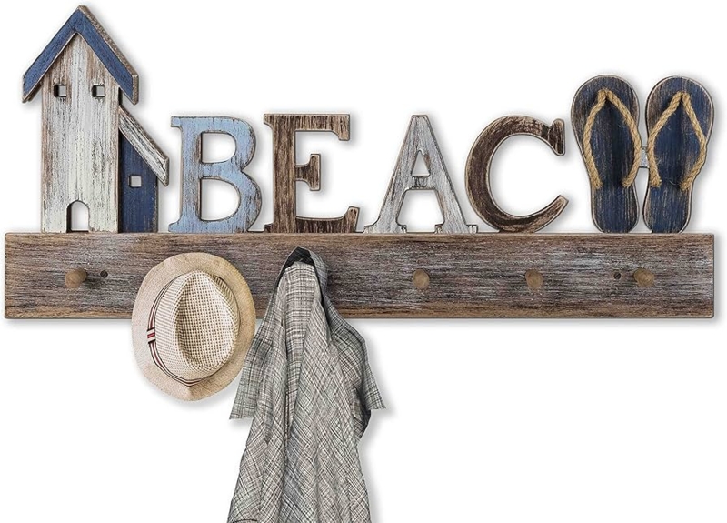 Coastal Wall Mounted Coat Rack "BEACH" Lettering Flip-Flop Motifs