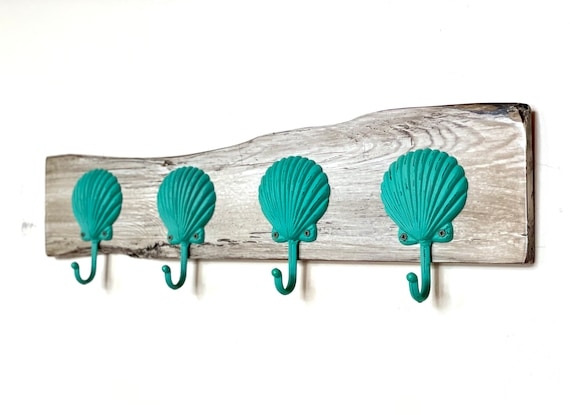 Coastal Wall Rack, Driftwood Look with Teal Scallop Shell Hooks