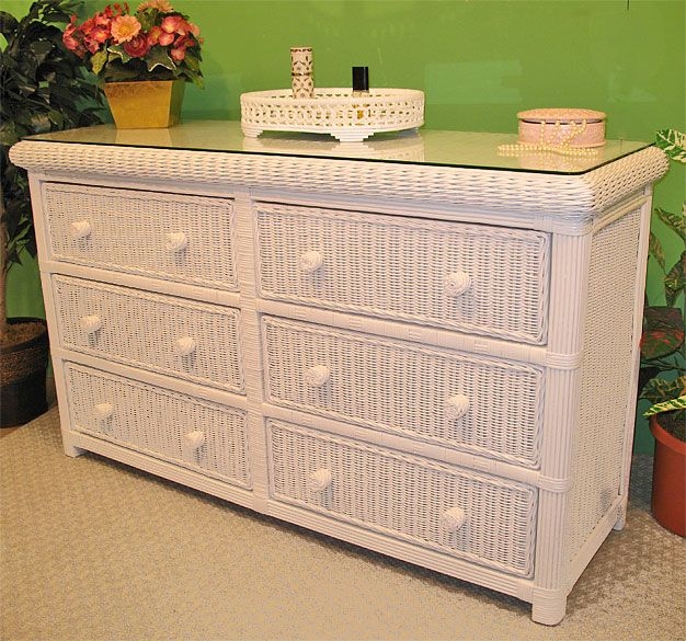 Coastal Wicker Dresser with Protective Glass Top and Woven Knobs
