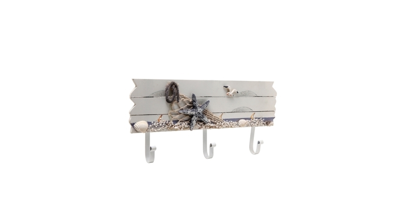 Coat Rack, 3D Starfish Accent, Fishing Net Detail, Whitewashed Plank Base.