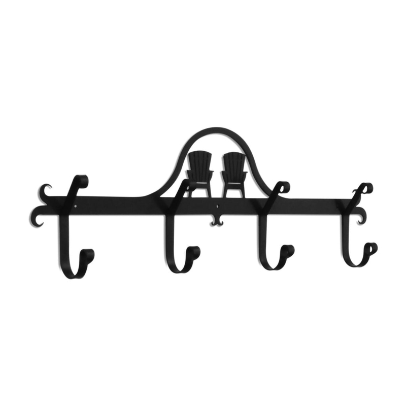 Coat Rack, Adirondack Chair Motif, Black Metal, Scrollwork Detailing.