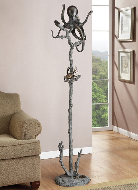 Coat Rack, Antique Bronze Octopus Finial and Coral Base Stand