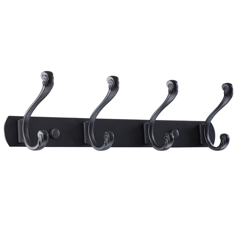 Coat Rack Black Lacquer Finish Metal Dual Hooks Scrolled Tips