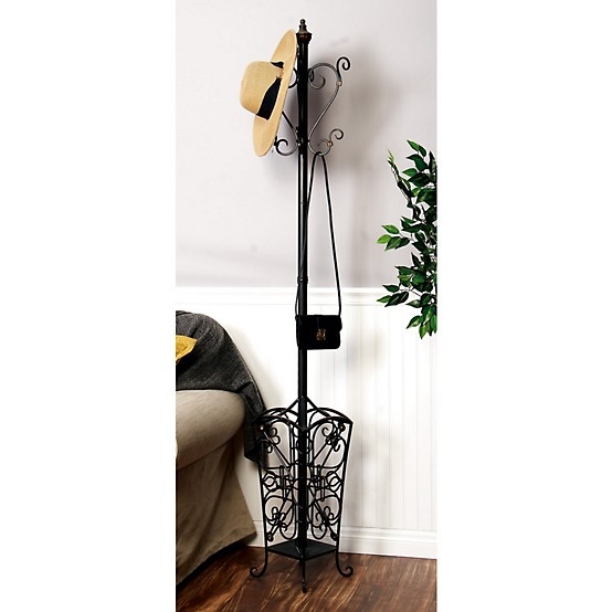 Coat Rack Black Metal Traditional Scrollwork with Built-in Umbrella Holder