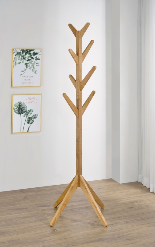 Coat Rack Branched Hooks Natural Oak Finish Scandinavian Style