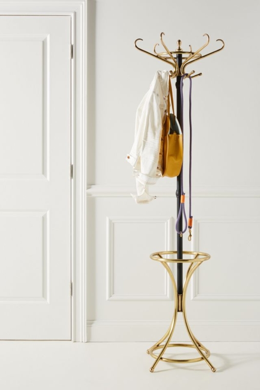 Coat Rack Brass and Black Mixed Metal Hourglass Base Scroll