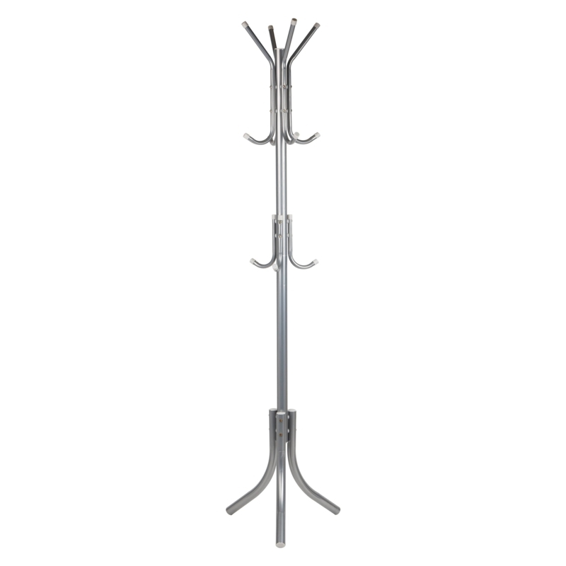 Coat Rack Brushed Silver Tripod Base Multi Tier Hooks Space Saving