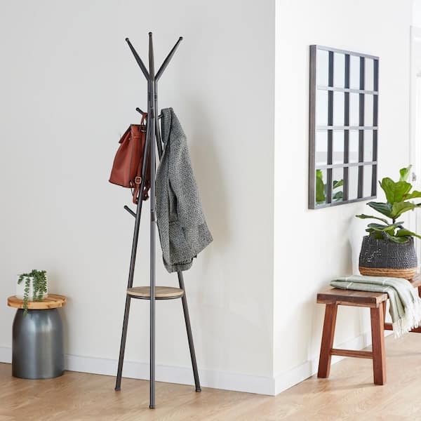 Coat Rack Charcoal Grey Metal Wood Shelf Tripod Base Industrial
