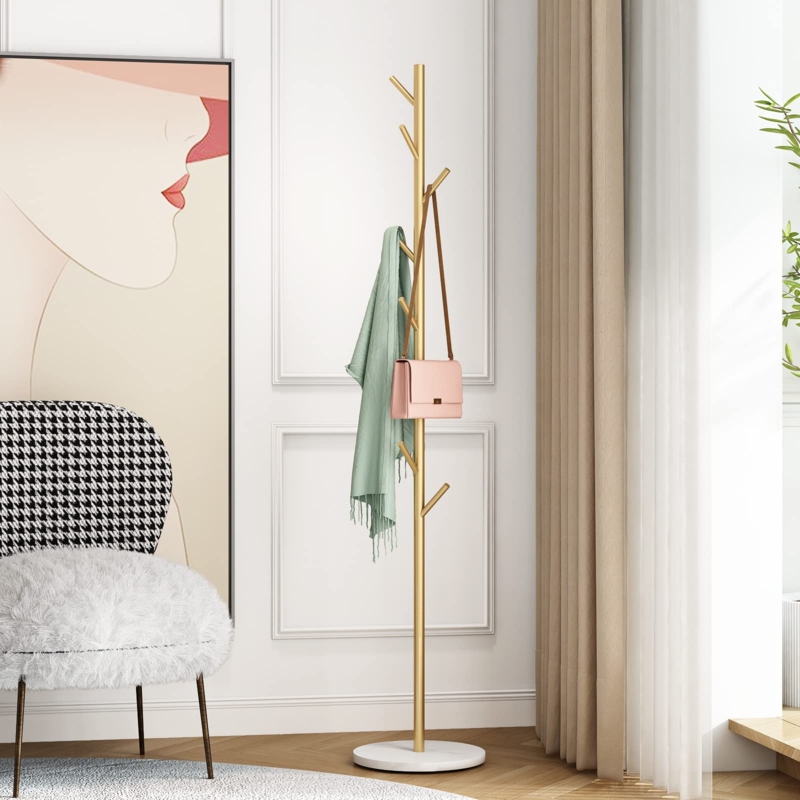 Coat Rack Chic Gold Tree with Marble Base and Branch Like Hooks