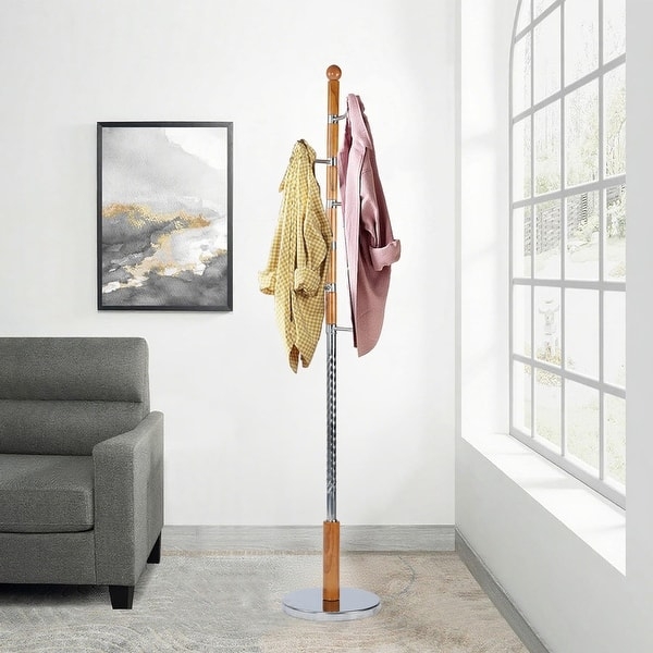 Coat Rack Chrome And Wood Mix Tiered Hooks Entryway