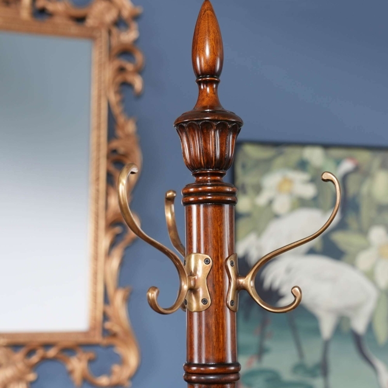 Coat Rack Classic Wood Tree Design with Brass Double Hooks