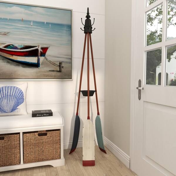 Coat Rack Coastal Oar Design Tripod Base Integrated Hooks