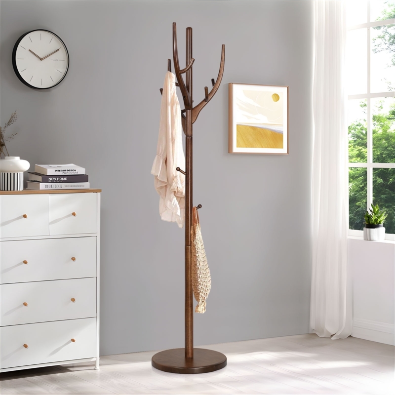 Coat Rack Dark Finish Organic Branch Hooks Round Pedestal Base