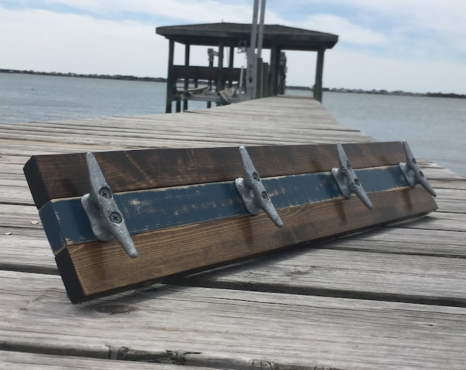 Coat Rack, Distressed Blue Stripe on Wood with Boat Cleat Hooks