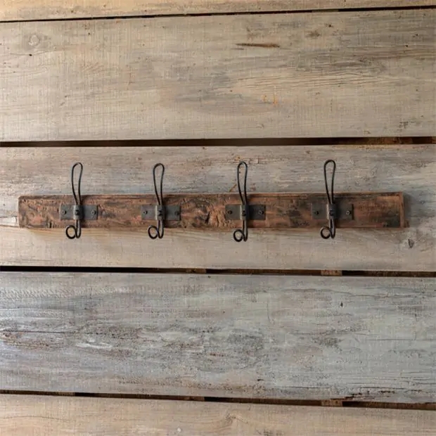 Coat Rack Distressed Wood Base Primitive Iron Looped Hooks