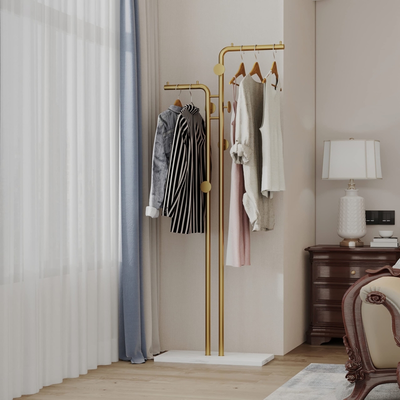 Coat Rack Double Pole Gold Metal Stone Base Luxury Freestanding Stand