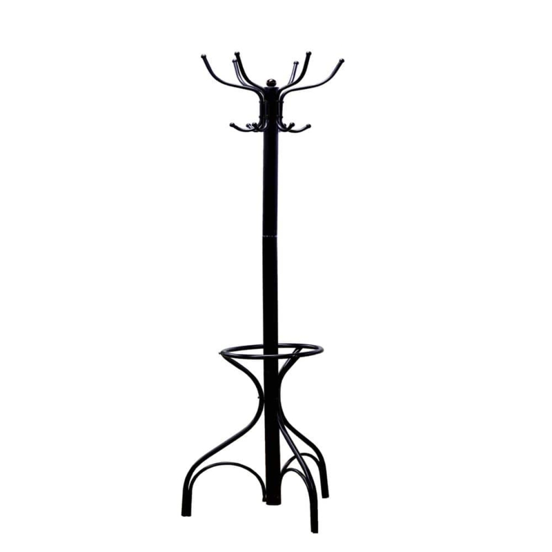 Coat Rack Dual Tier Scrolled Hooks Integrated Umbrella Stand Black