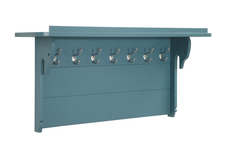 Coat Rack, Dusty Blue Finish, Seven Double Hooks, Integrated Top Shelf.