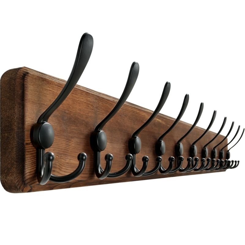 Coat Rack Farmhouse Rustic Extra Long Rail Ten Triple Prong Hooks