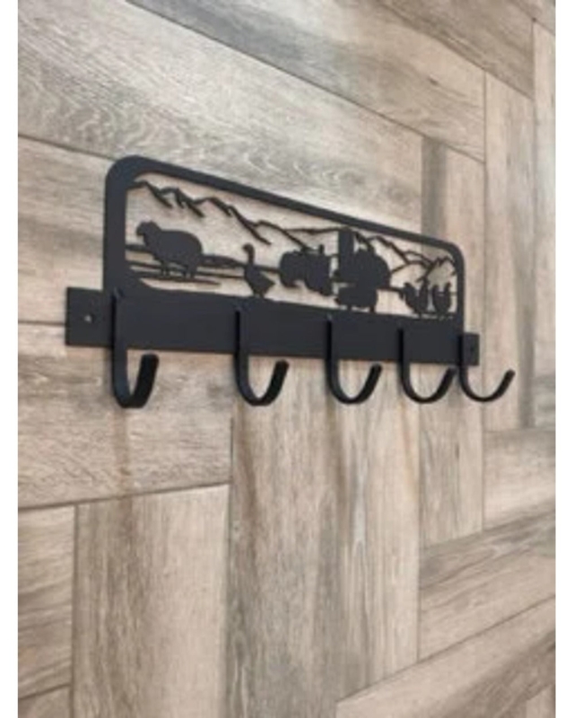 Coat Rack Farmyard Silhouette Matte Black Metal Wall Mounted