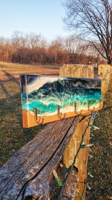 Coat Rack featuring Epoxy Ocean Art and Resin Wood Combination