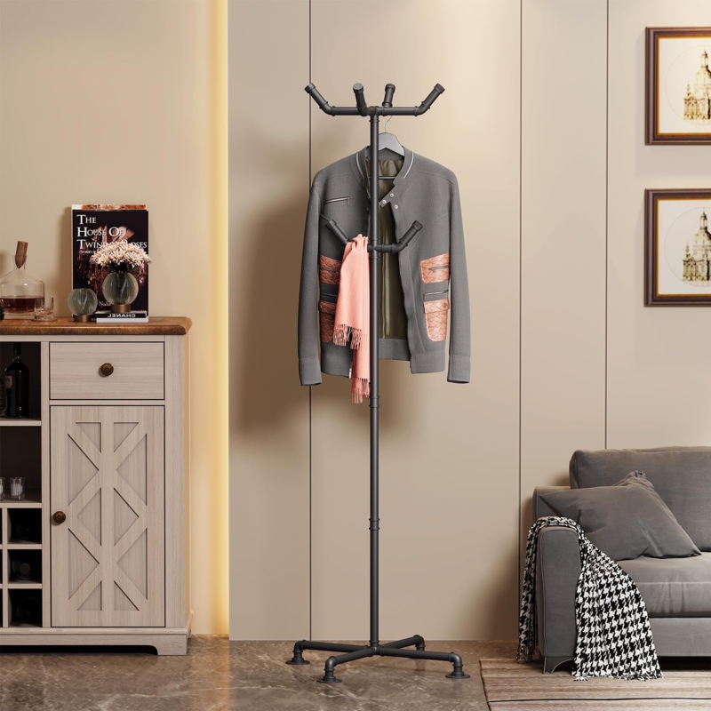 Coat Rack featuring Matte Black Metal Pipe Design and Four-Legged Base