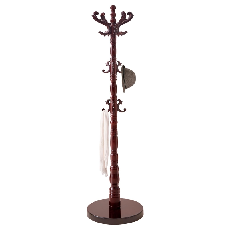 Coat Rack Fourteen Hooks Glossy Finish Traditional Wood Coat Rack Stand