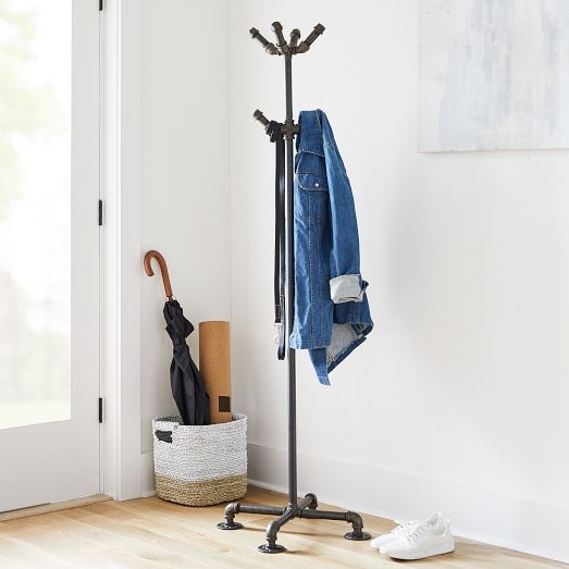 Coat Rack Freestanding Dark Metal Pipe Construction with Flange Feet