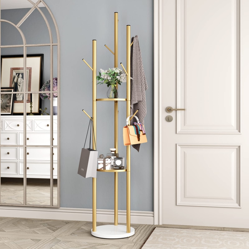 Coat Rack Freestanding with Tiered Shelves and Branching Hooks