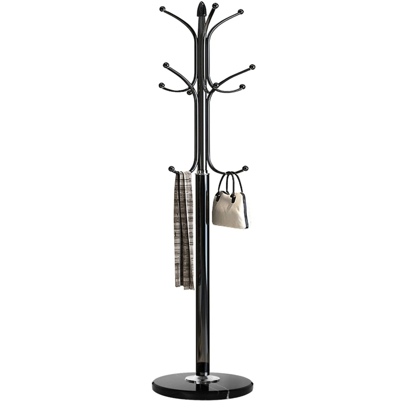 Coat Rack Glossy Black Metal Stone Like Base 12 Hook Design Modern Stand
