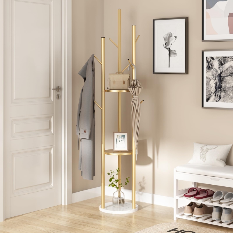 Coat Rack Gold Finish Marble Base Integrated Shelves Glamorous Stand