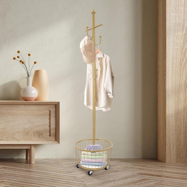 Coat Rack Gold Minimalist with Rolling Storage Basket and Wheels