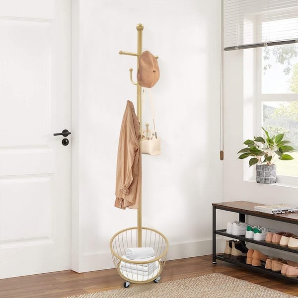 Coat Rack Gold Toned Metal Rolling Wheels Storage Basket Glam