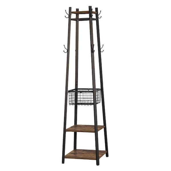 Coat Rack Industrial Freestanding Black Metal with Wire Mesh Basket and Shelves