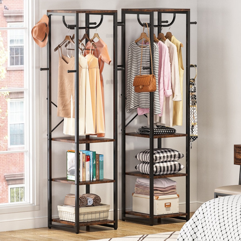 Coat Rack Industrial Style Metal Frame Multi Tier Shelving Hanging Rod