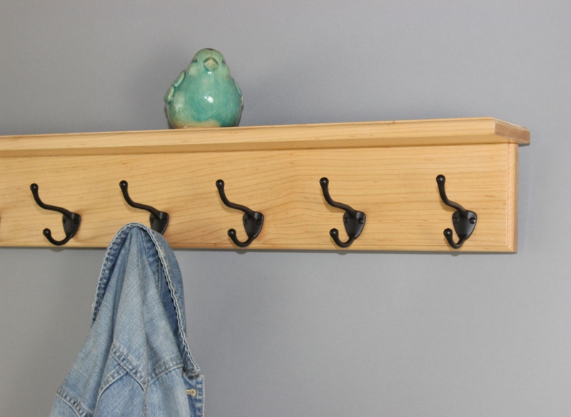 Coat Rack Light Maple Tone Satin Finish Matte Black Hooks Transitional Style