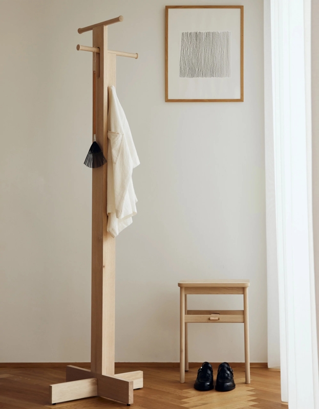Coat Rack, Light Oak Tone, Cross Base, Horizontal Pegs, Danish Design