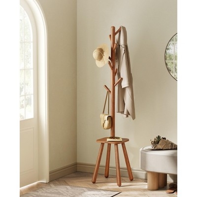 Coat Rack Mid Century Modern Tapered Legs Integrated Shelf Caramel Brown