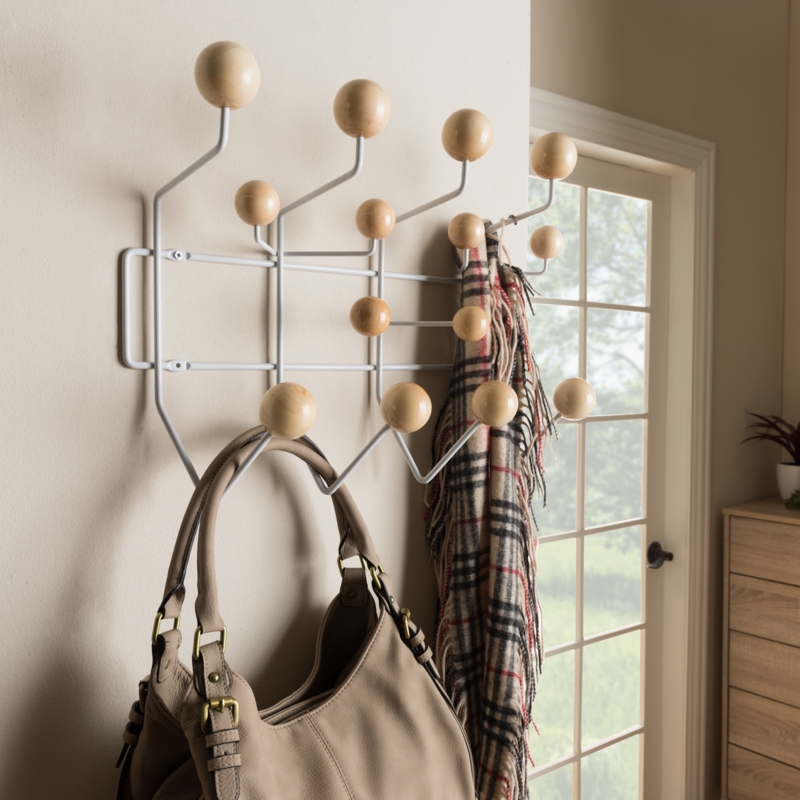 Coat Rack Mid Century Modern Wire Frame Ball Ends White Metal Light Wood