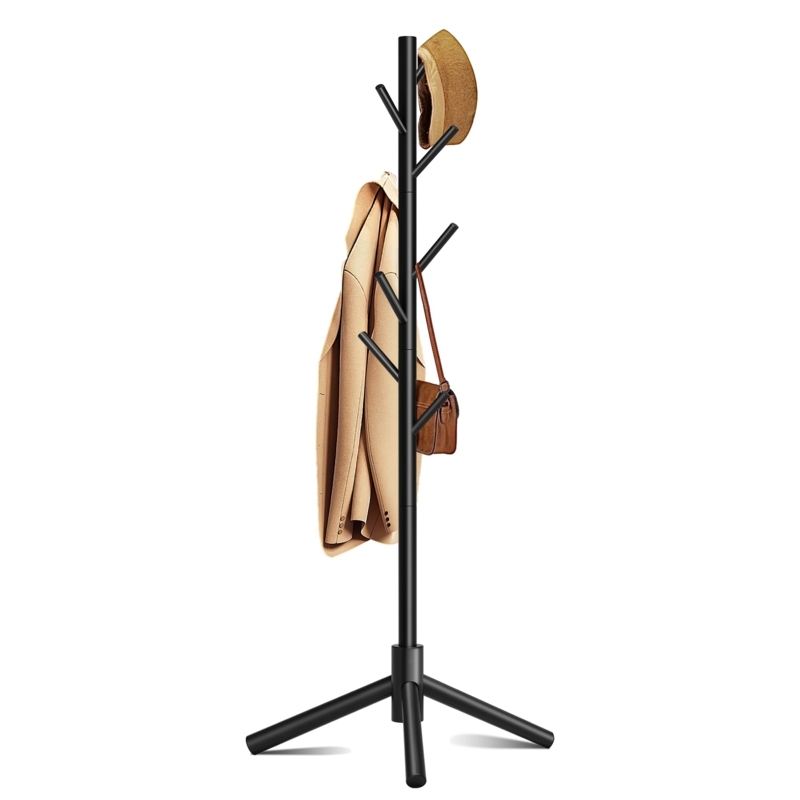 Coat Rack Minimalist Matte Black Tripod Base Staggered Hooks