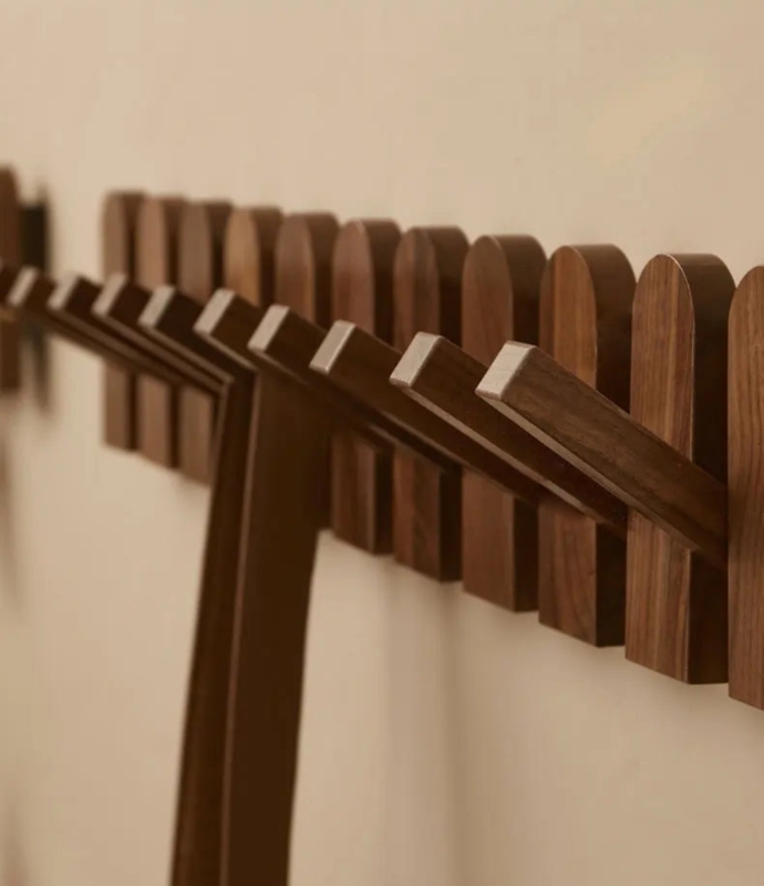 Coat Rack Minimalist Modern Picket Design Flip Down Hooks Walnut Finish