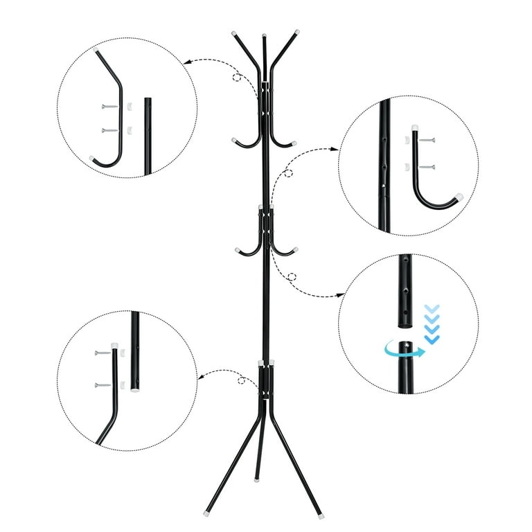 Coat Rack Modern Metal Nine Staggered Hooks Tubular Frame