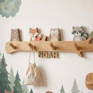 Coat Rack Natural Wood Branch Shaped Base Woodland Animal Figures