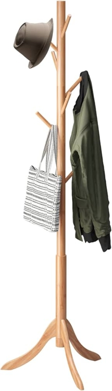 Coat Rack Natural Wood Tripod Base Staggered Hooks