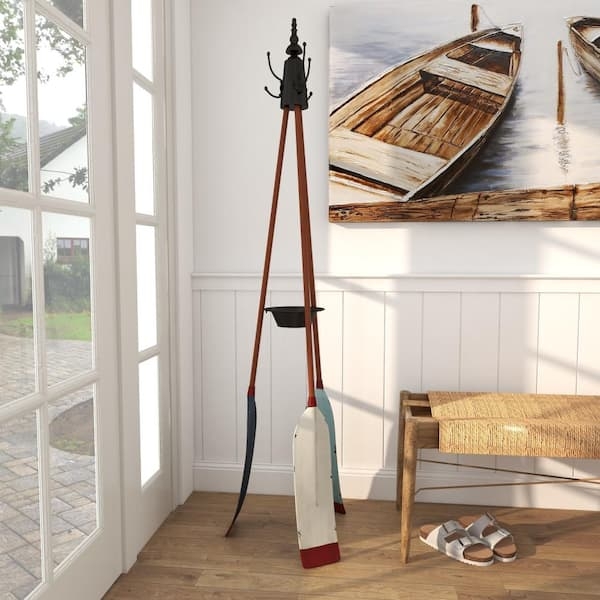 Coat Rack, Oar Design Tripod Base, Integrated Bowl, Coastal Oar Coat Rack.